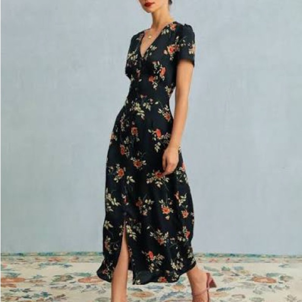 The Black V Neck Floral Short Sleeve Maxi Dress Black / M NWT
